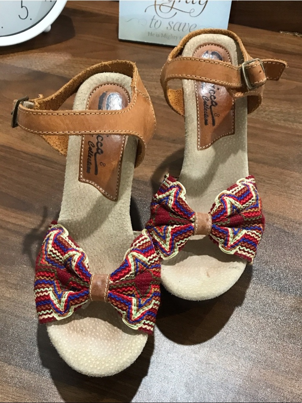 Sbicca Tan Ankle-Strap Sandals with Red Multicolor Bow Accent